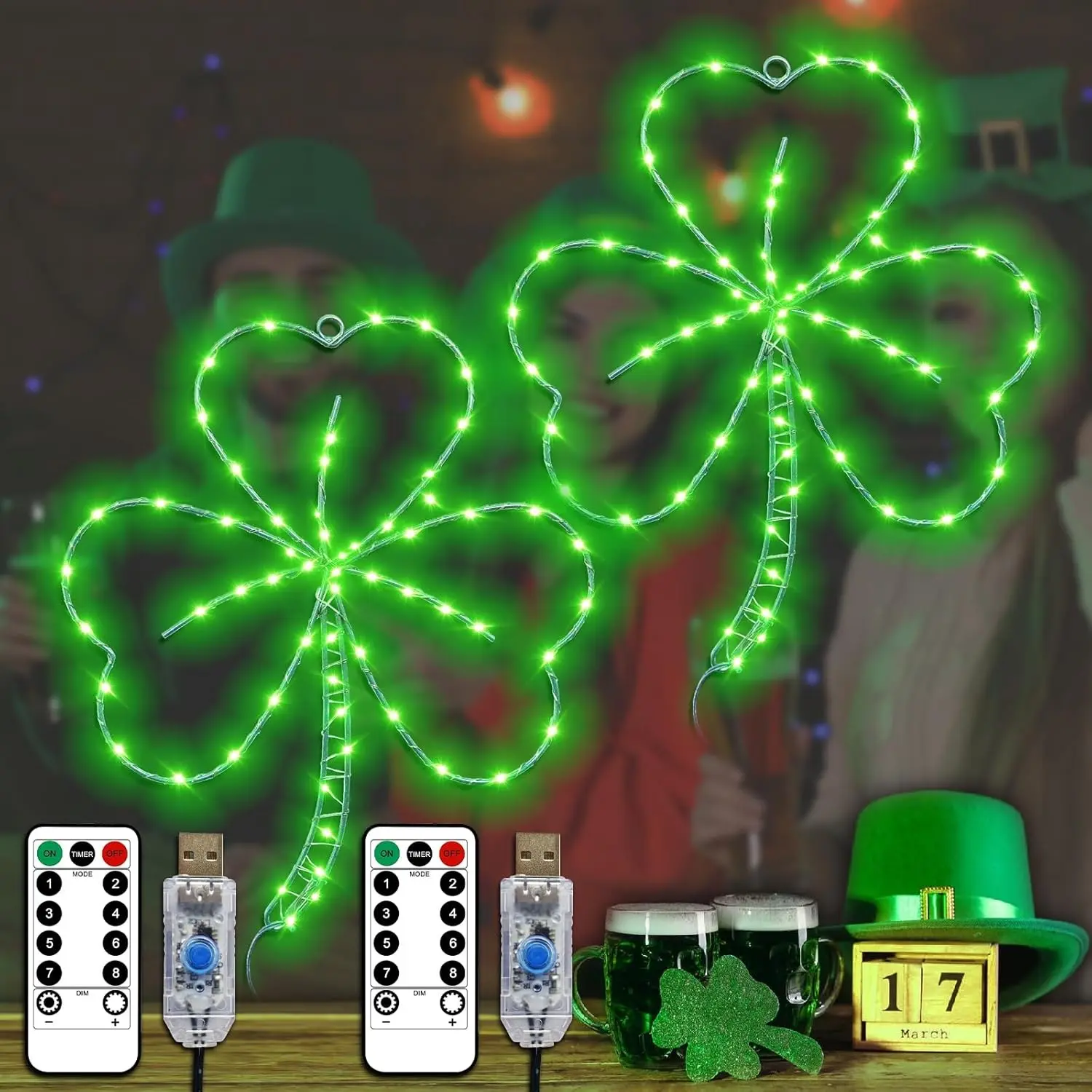 St Patricks Day Decorations 13.2In Green Shamrock 58Led Window Lights 2pcs Irish Clover Iron Frame Silhouette Lights 8Mode Timer USB Powered Remote Control Wall Indoor Outdoor Party Favors