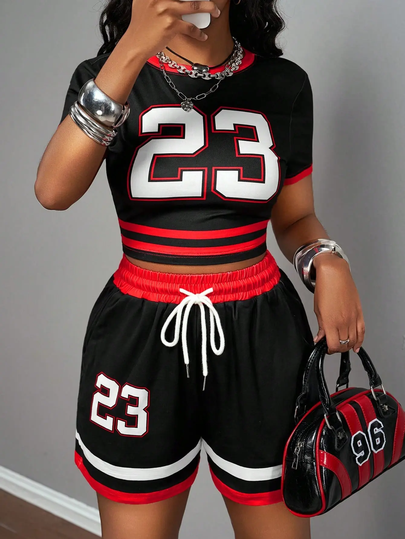 AESS Summer Y2K Black Streetwear Active Women 2 Pieces Set Graphic Round Neck Short Sleeve Cropped T-Shirt Drawstring Pocket Shorts Casual