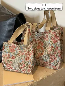 Printed Canvas Handbag Shoulder Bag, Casual Office Handbag, Floral Tote Bag, Lightweight Portable Storage Bag, Commuter Bag, Makeup Bag, Large Capacity, Multifunctional