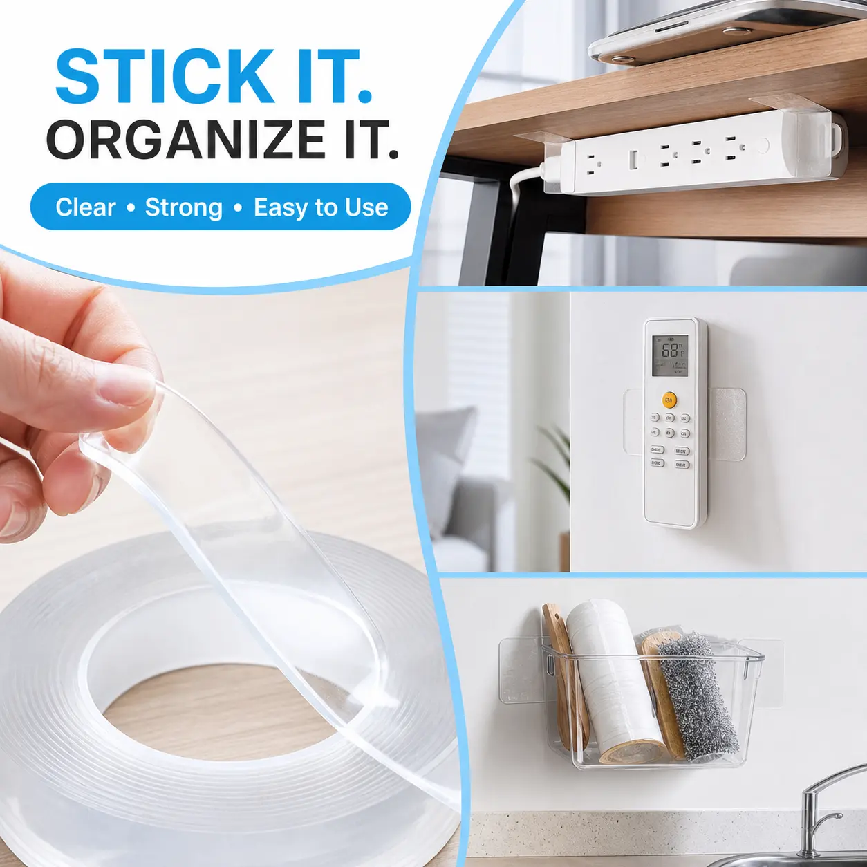 Reusable Double-Sided Nano Tape, Washable Clear Mounting Adhesive, Cut-to-Size, 3 m x 3 cm, for Home, Office, Kitchen & Bathroom