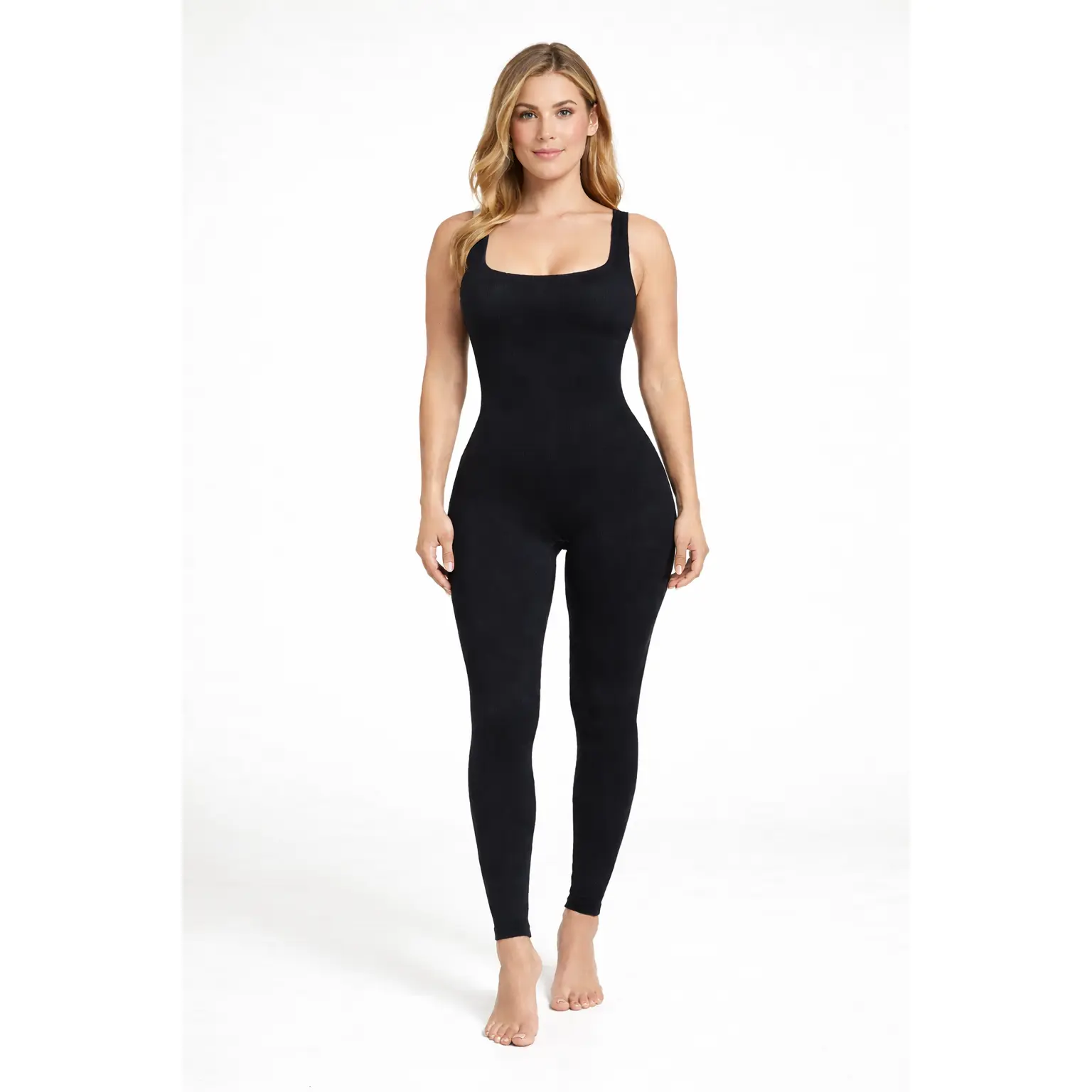 Women’s Black Seamless Ribbed Jumpsuit | Full-Length Body Shapewear Activewear Bodysuit