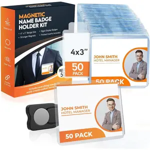 50 Pack of 4x3  Name Badge Holders (White Printable Inserts Included) Customizable  Name Tags for Office, Conventions, School, and Events - Durable and Clear Plastic Name Tag Holder