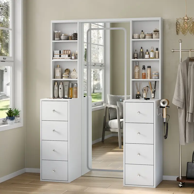 [Shipping by 2 Packages] FUSOU 47" x 65" LED Full Length Mirror with Power Outlet,8 Drawers and 8 Shelves for Bedroom/Cloakroom -Dimmable & 3 Color Lighting/Full Body Mirror