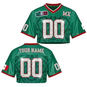 Custom Mexico Football Jersey for Women, Personalized Glitter Printed Name Number Mesh Crop Top, Green White Soccer Jersey, Mexican Shirt