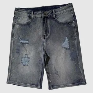 Men's Cotton Y2K Rhinestone Denim Shorts, Retro Washed Black-Blue Jean Shorts with Distressed Frayed Patches & All-Over Sparkly Studs, Grunge Streetwear Casual Jorts for Men