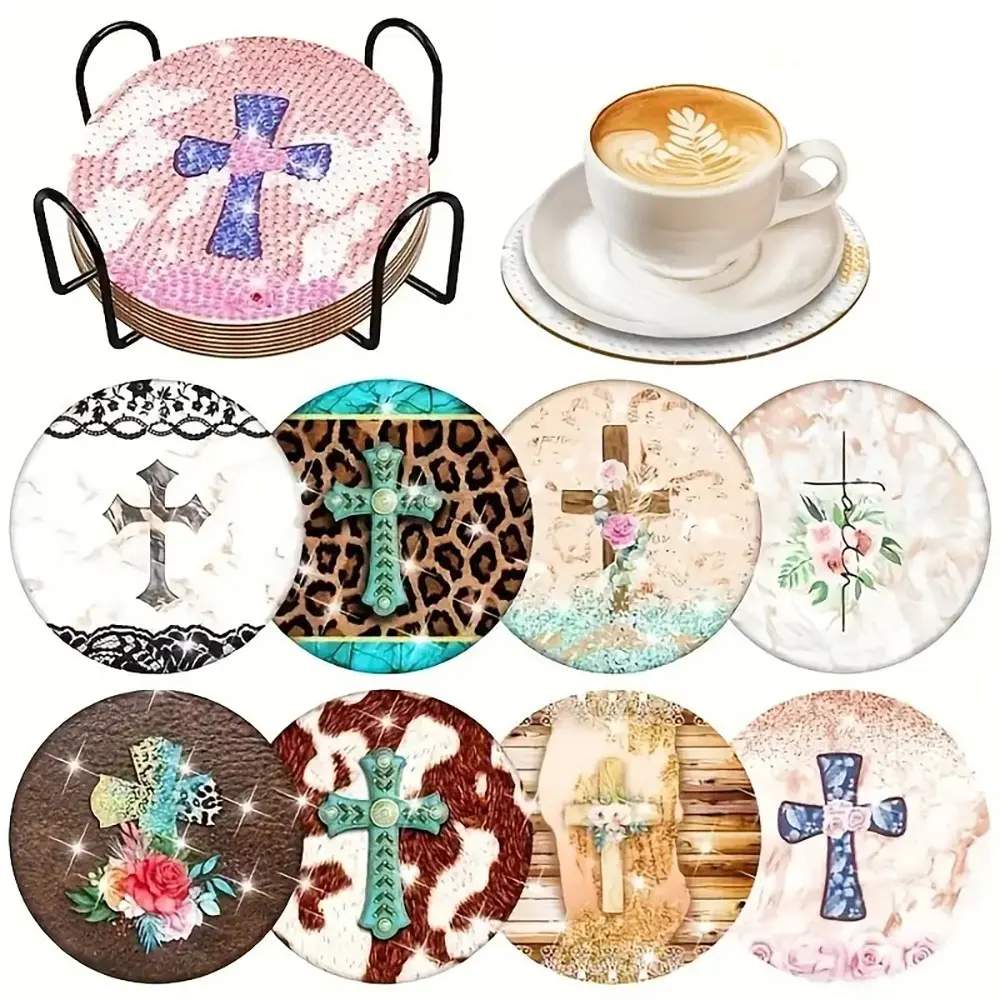 8 pieces/set of diamond art painting coasters for drinks with brackets, DIY cross patterned diamond art coasters, suitable for both adults and beginners as diamond painting sets, diamond set craft supplies, exquisite Birthday gifts for friends