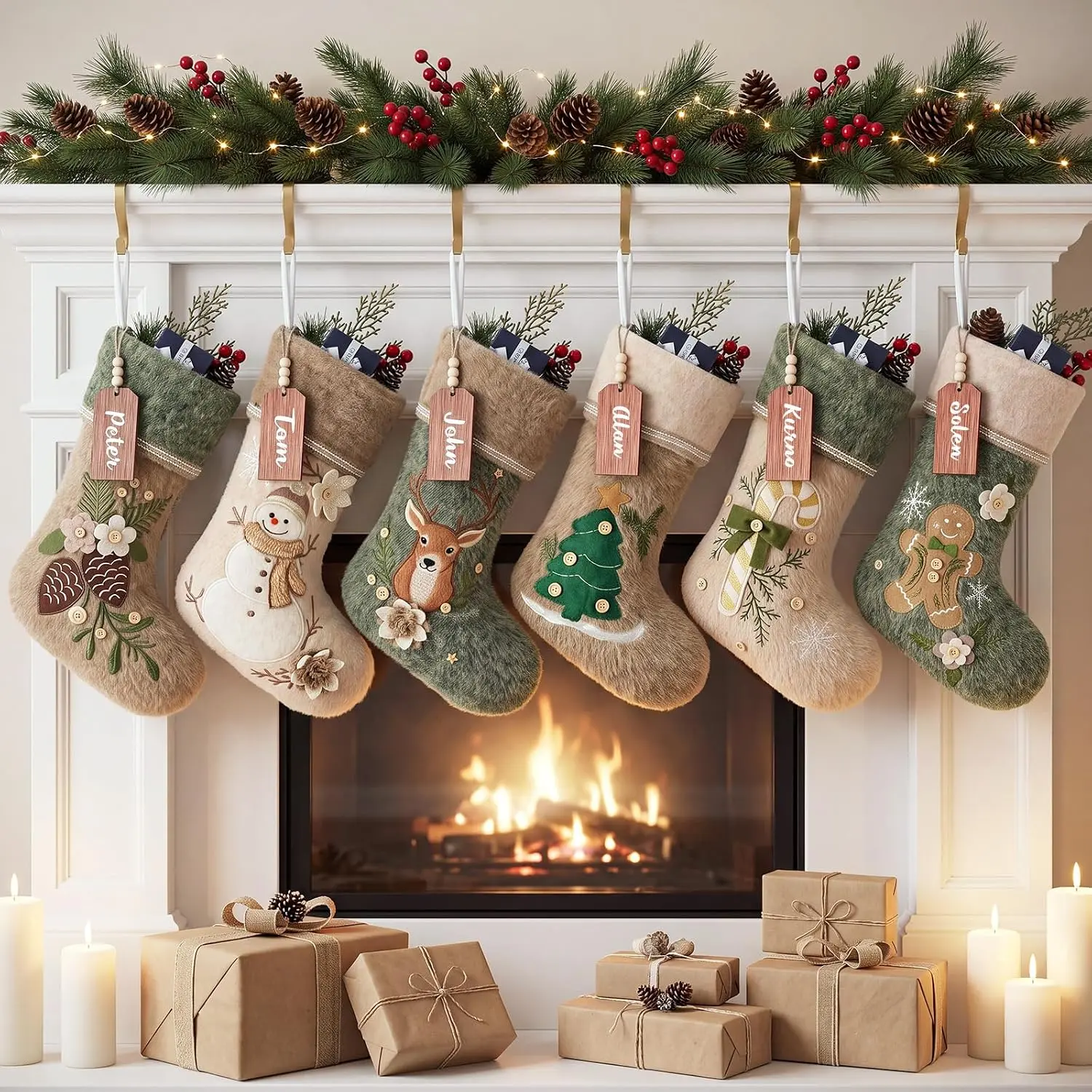 6 Pcs Rustic Personalized Christmas Stockings with Name Tags