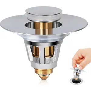 Hertone Universal Bathroom Sink Stopper, for 1.08-1.5 Inch Sink Drain Hole, High-Grade Pop Up Sink Drain Strainer Plug, Anti-Clog, with Hair Catcher Filter Basket, All Brass Metal, Polished Chrome