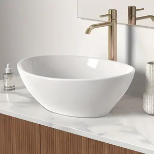 2024 1 count 16" X 13" Countertop Oval Art Basin, Above Counter Ceramic Hand Wash Basin, Bathroom Sanitary Ware Vessel Sink Bowl, White