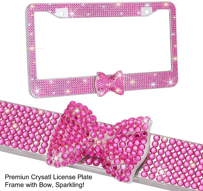 2 Pack Bling License Plate Frame，Handcrafted Bling Rhinestone Premium Stainless Steel License Plate Frame，14 Facets Clear Color Rhinestone Crystal (Pink&Pink-Bow)