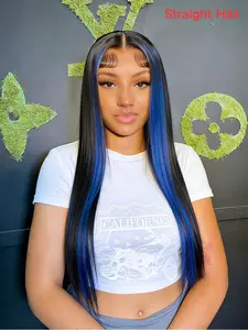 28" Blue Highlight Black Synthetic Lace Front Wig Ombre Straight with Dark Roots 13x4 HD Transparent Lace Free Part Heat-Resistant Pre-Plucked Hairline for Women Daily & Party Wear HD Transparent Wigs Lace Frontal Wigs