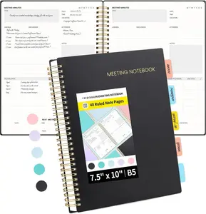 Meeting Notebook for Work with Sticky Tabs - 160 Pages, B5 Size Project Planner, Spiral Meeting Agenda/Minutes Notebook Organizer for Women Men, Note Taking, Office & Business, 7"x10", Black