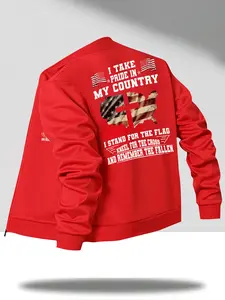 Men's Baseball Jacket with American Flag & Cross Print, Patriotic Theme Casual Fitted Design, Spring & Fall Wear