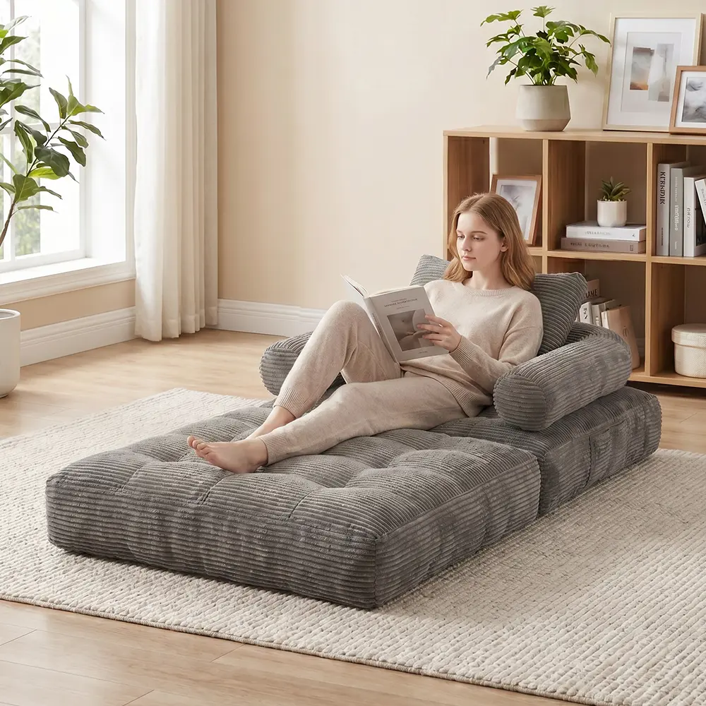 Foldable Corduroy Sofa Bed Chair, No Assembly Modern Adjustable Sleeper Futon with Adjustable Backrest, Mini Couch Bedroom, Floor Seats, Chaise Lounge, Seat Sleeper for Living Room Furniture and Apartment
