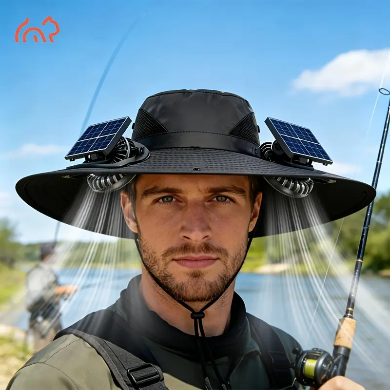 Wide Brim Bucket Hat with Solar Powered Dual Cooling Fans, Unisex USB Charging Sun Hat for Outdoor Hiking & Sun Protection