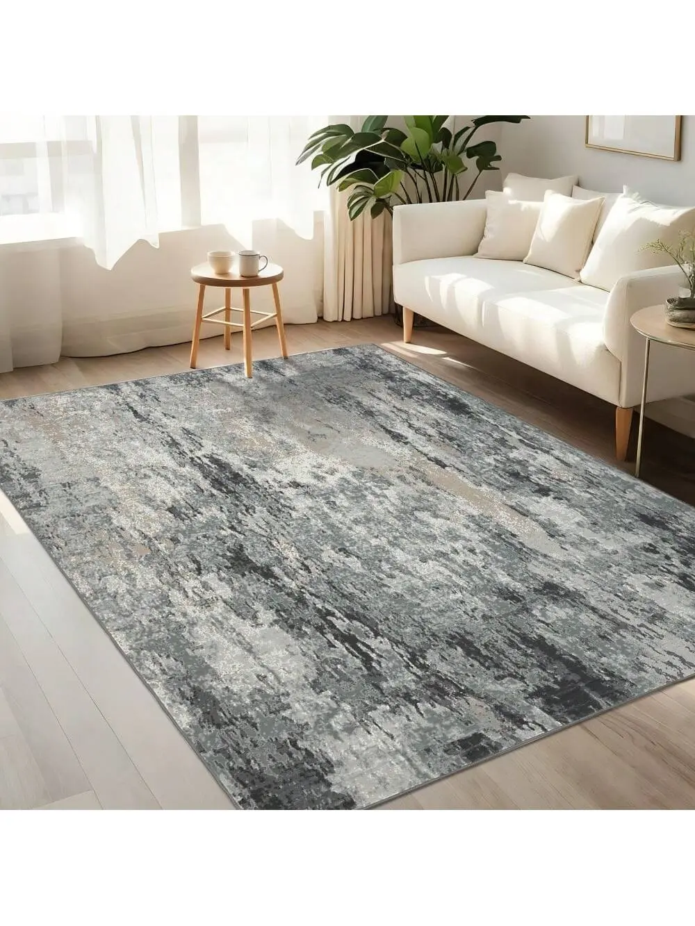 【Christmas Gift】Gray-5*7 feet  Faux Wool Modern Abstract Area Rug Machine Washable Non Slip Non Shedding Stain Resistant Low Pile Ultra Soft&Thin Pet Friendly Perfect For Living Room Bedroom Kitchen Dining Room Laundry Room Bathroom Kids' Room