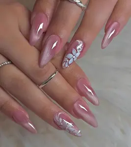 Handmade flower cat eye Press On Nails: Custom hand painted Gel Nails Nail Art Kit Nail Box