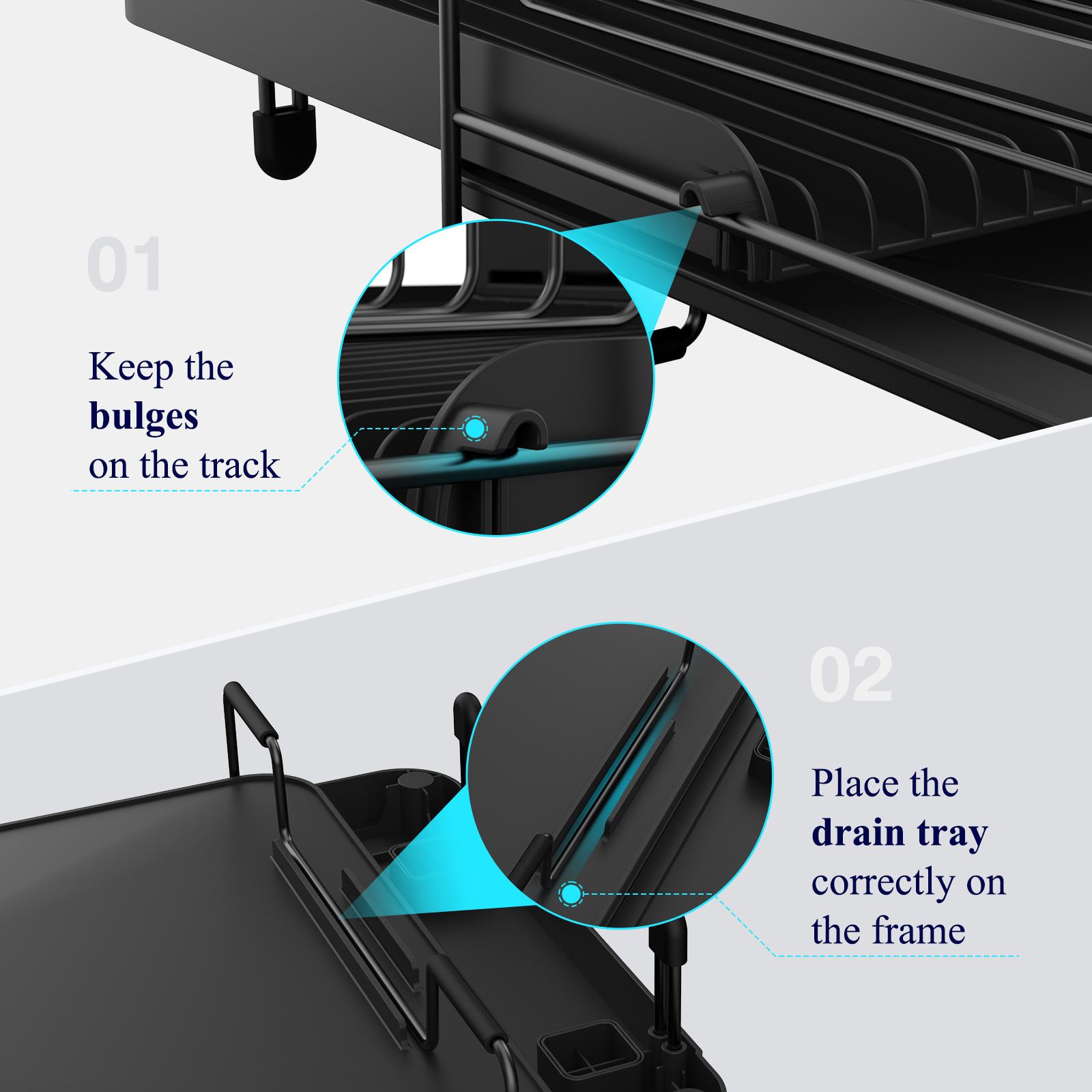Black Expandable Dish Drying Rack Over Sink, Adjustable Iron Spray Coated Dish Rack with Drainboard, Large Capacity Kitchen Organizer for Plates Bowls Utensils, Space Saving Sink Rack Storage Holder
