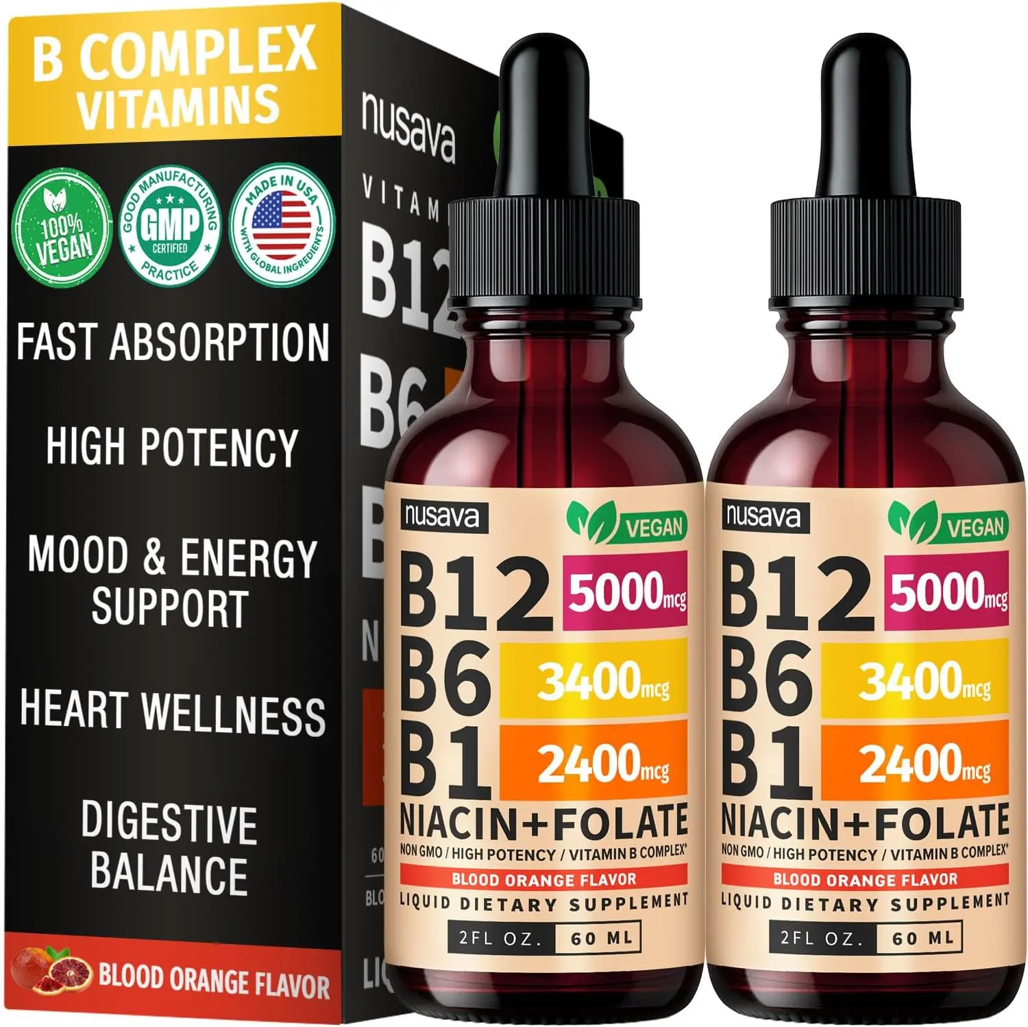 Sublingual Vitamin B12 and B6 Liquid Drops High Potency B12 Methylcobalamin 5000mcg with B Complex for Cellular Energy Boost Brain Focus Heart and Nervous System Support Crimson Orange Flavor 80 Servings 2 Pack