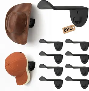 2.9 Inch Hat Hooks for Wall - (8 Pcs) Cowboy Hat Rack, Strong Adhesive Cap Holder, Organizer for Baseball Caps, Western Room Decor - Black