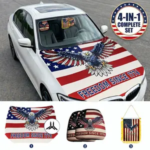4-In-1 American Flag Car Hood Cover & Interior Decor Set with Eagle Graphics - Patriotic Vehicle Decoration Kit for 4th of July, Memorial Day, Independence Day - Fits SUV, Sedan, Truck - Includes Hood Flag, Headrest Covers & Mini Banner