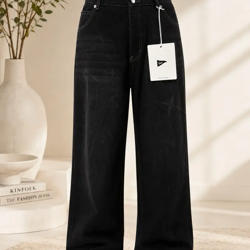 Men’s Classic Black Denim Jeans - Wide Leg, Casual Loose Fit Straight Leg Pants
