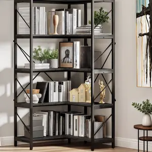 DWVO Corner Bookshelf, Industrial Corner Shelf 5 Tier Bookcase, Large Display Rack Storage for Bedroom, Living Room, Home Office