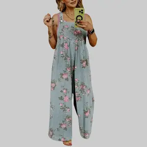 Dear-Lover Women's High-Waisted Retro Vintage Floral Print Pleated Wide-Leg Denim Overalls, 50% Polyester 50% Cotton Breathable Mix, Adjustable Straps, Comfortable Fitted Clothes