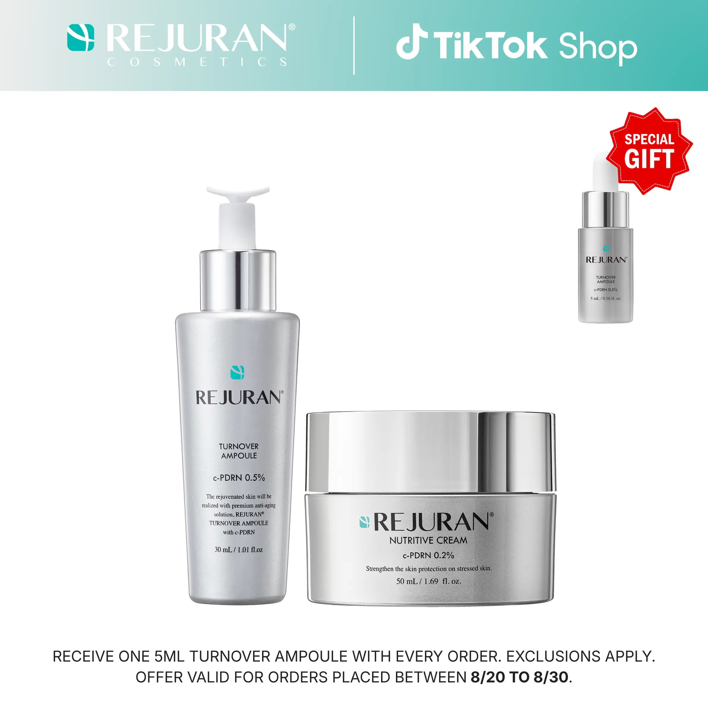 REJURAN Turnover Ampoule 1.01 fl oz & Nutritive Cream 1.69 fl oz - c-PDRN - Anti-Aging Face Serum for Firmness, Radiance, Youthful Skin Korean Skin Care