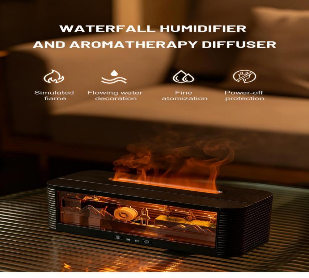 Real Flowing Water Flame Humidifier Water Drop Aroma Diffuser Waterless Auto Off Timer Mist Essential Oil Diffuser For Home Bedroom Office Relaxation Sleep Aromatherapy Fragrance Gift