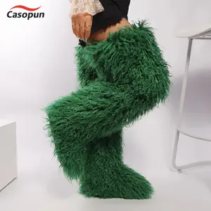 Casopun Women's Winter Plush OTK Boots with Thick Rubber Sole Slip-On Fasten Closure Round Toe Warm Snow Boots for Cold Weather Parties Hand Washable Microfiber Brown Tan - Footwear