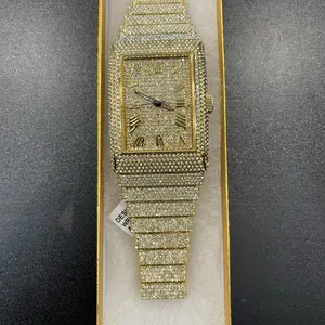 Gold Tone Iced Out Watch Rectangle Dial Roman Numerals Bling Mens Womens Luxury Timepiece