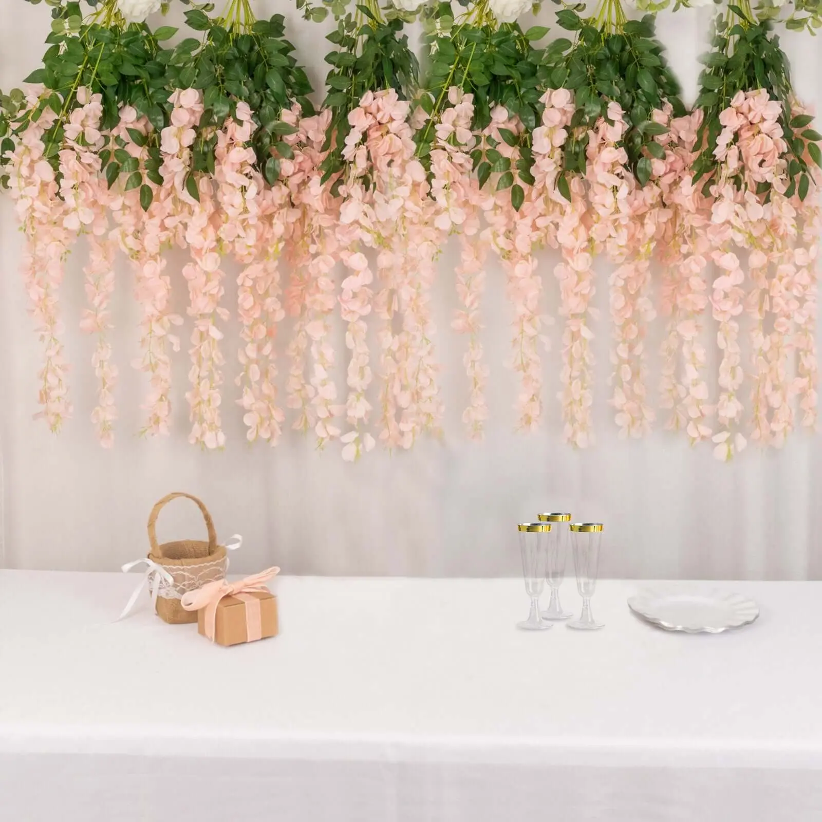 Blush Pink Silk Hanging Wisteria Flower Garland Vines - 5 Pack (3 Strands per Bush, 44 in), Artificial Flower Arrangement for Home Floral Decor, Hanging Accents, Best Photo Tool, Hanging Artificial Flowers