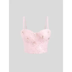 Tube Tank Tops Bra Blusas Short Sequins Lace Rhinestone Woman Pink Clothing Summer Spring Fishbone Sling Wedding Party Blind Date Stage Party Shaper Ladies Shirt Weighted Vests Women Sexy Clothes Elevated Going Out Corset Crop Tops