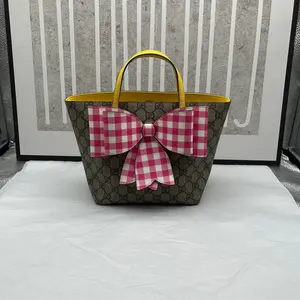 Pre-owned GUCCI 98% New GG Monogram Kids Bag Pink Bow Black Tag 02
