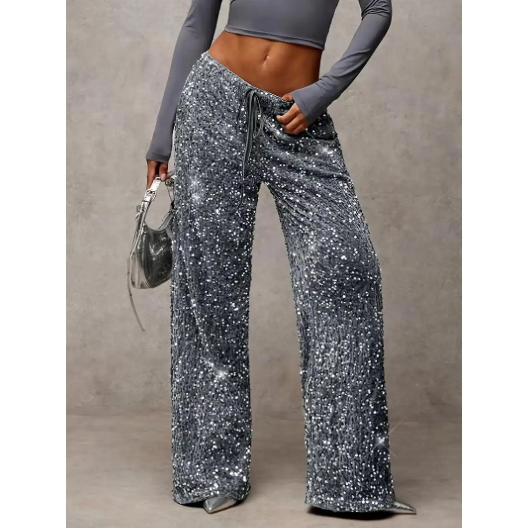 Women's Sequin Joggers, High-Waist Wide Leg Oversized Casual Pants with an Elastic Waistband for Party Clubwear, Loose, Breathable, Sequins, High Waisted, Knitting, Contrast Sequins
