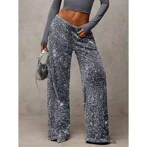 Women's High Waist Wide Leg Pants, Elastic Straight Leg Trousers with Contrast Sequins, Loose Casual Elegant Bottoms, All Season Party Clubwear Fashion Streetwear