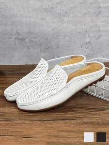 Men's Backless Perforated Loafers Breathable Lightweight Non-Slip Wide Width Cushioned Perforated Casual Slip-Ons Round Toe Flat Mules Slippers Versatile Retro Summer Blue Vegan Leather Beach Vacation Travel Walking Big Size 11-14 Walking Shoes Footwear