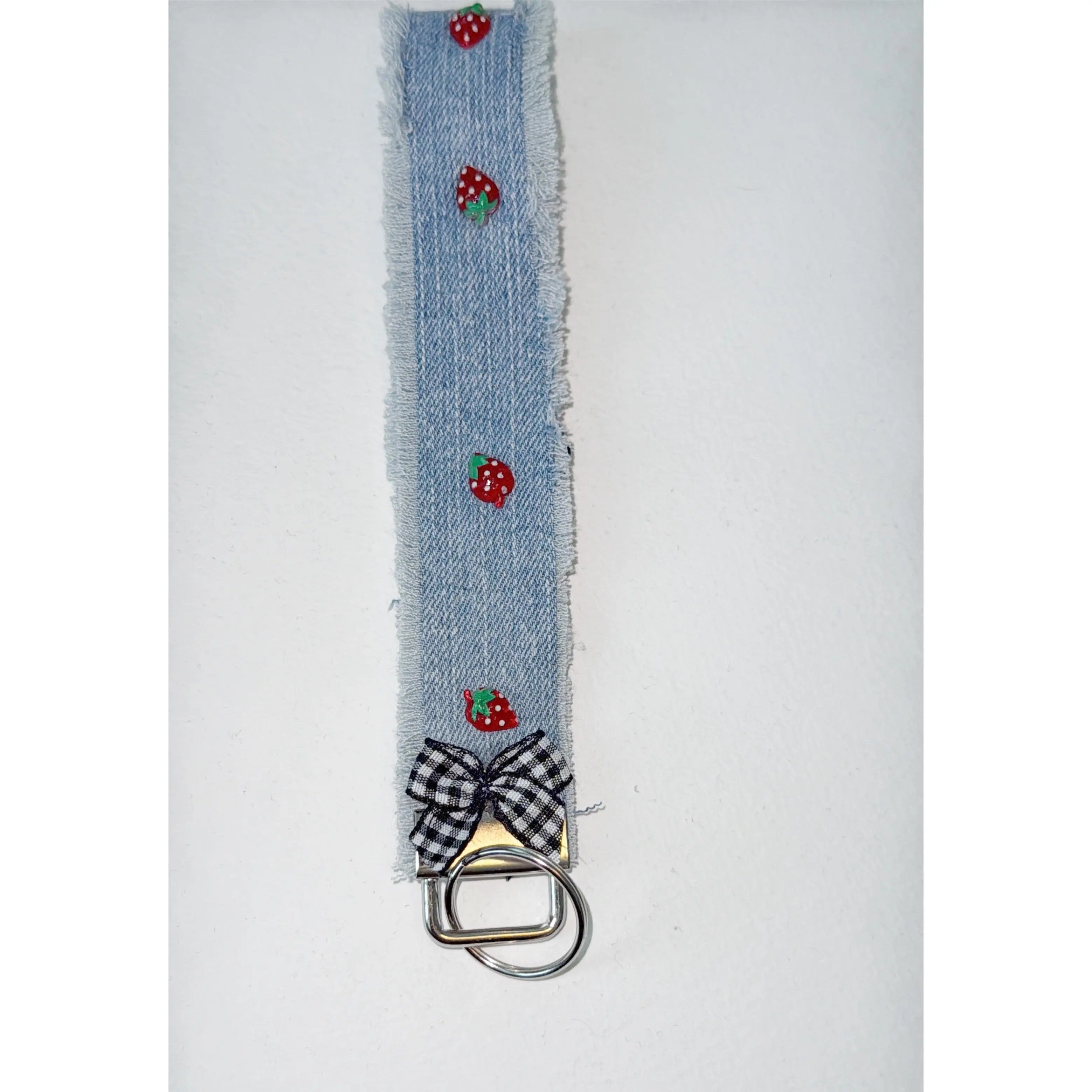 Wristlet keychain - light denim with strawberry resin charms