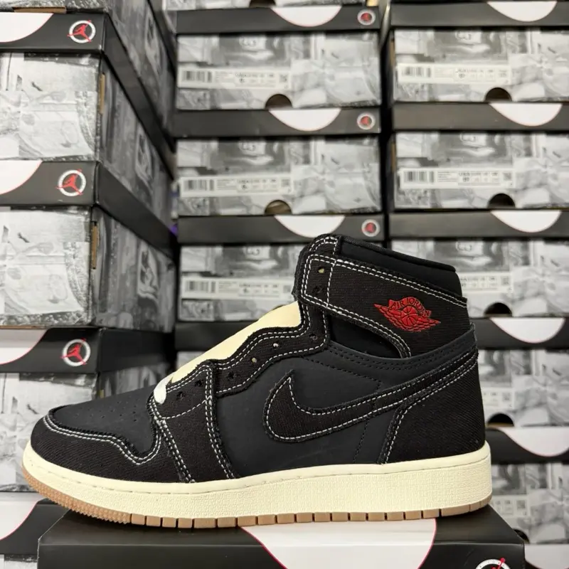 Jordan 1 High Flight Club Fashion Sneaker - Black with White Sole and Red Detailing
