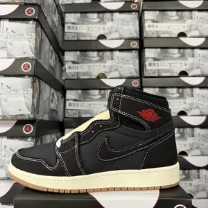Jordan 1 High Flight Club Fashion Sneaker - Black with White Sole and Red Detailing
