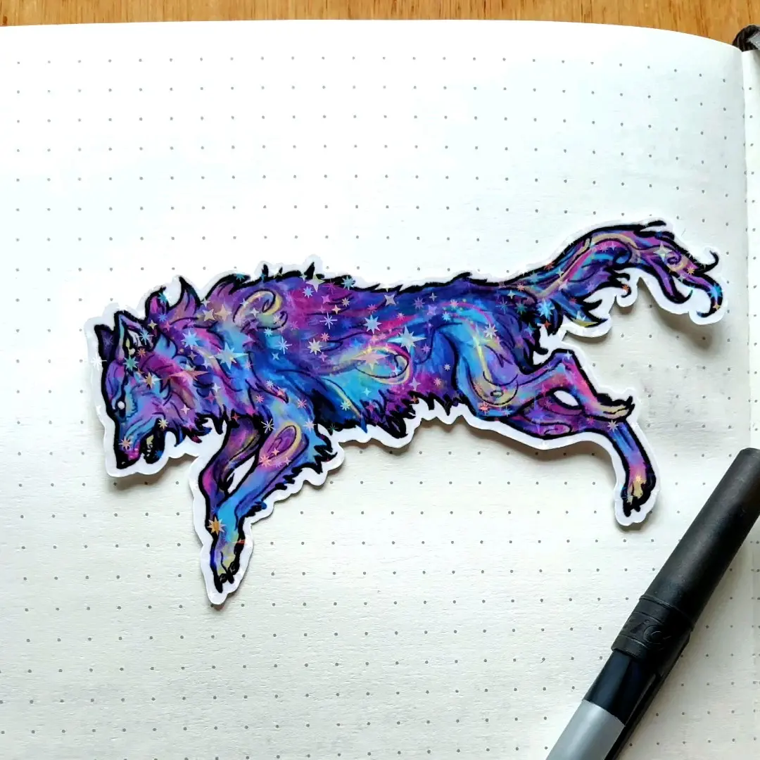 Galaxy Holographic Wolf Sticker - Holo Star Fantasy Space Wolves Stickers - Die Cut Handmade Sparkly Vinyl Waterproof Decal