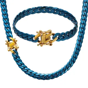 Blue Cuban Chain with Gold Lock - High - Quality Stainless Steel, Men's and Women's Fashion Necklace/Bracelet Set, Hip - Hop Fashion Must - Have