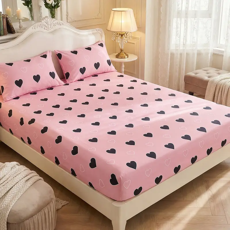 Pink Heart Fitted Sheet, Soft Bedding,  Deep Pocket Design, Machine Washable, Fits Twin/Full/Queen/King Size,  Sweet & Chic Bedroom Essential, Valentine's Day Gift