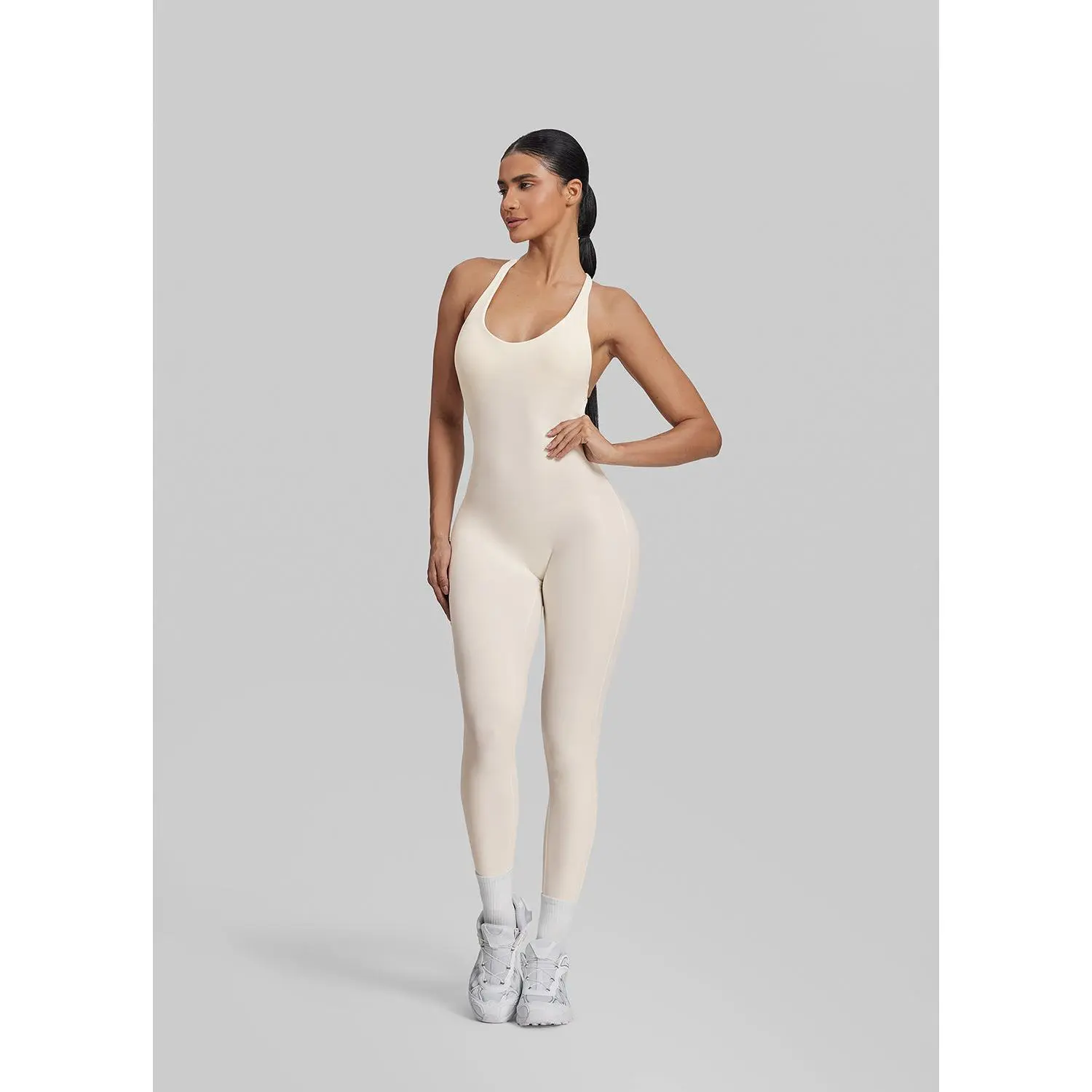 Women's Form-Fitting Full-Length Crossback Straps Bodysuit - Built-in Bra, Halter Neck, Soft Fabric, Sweat-Wicking, Breathable - Gym Girl Collection, Open Back, Workout Wear