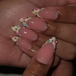 24 Almond Shape Press-On Nails, Nude Base with French Tips, Rhinestones & Accents, Reusable Fake Nails for Women