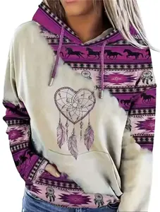 Vintage Boho-Chic Western Hoodie for Women, Dreamcatcher & Horse Print Pullover, Comfortable Polyester Blend Material, Machine Washable Relaxed Fit Casual Hooded Sweatshirt