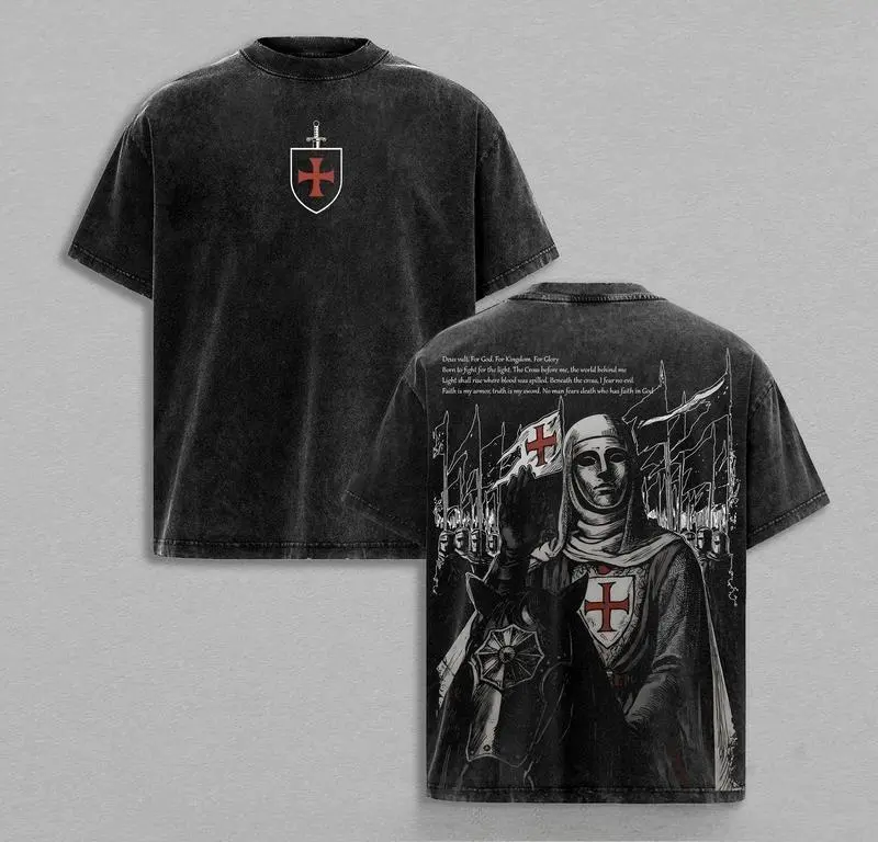 Retro Baldwin IV "The Leper King" The Crusader King and His Holy Army Vintage Washed T-Shirt Hoodie Tank Top Sweatshirt | Jerusalem Cross Medieval Christian Streetwear | Medieval Cross Armor Glory of God Outfit