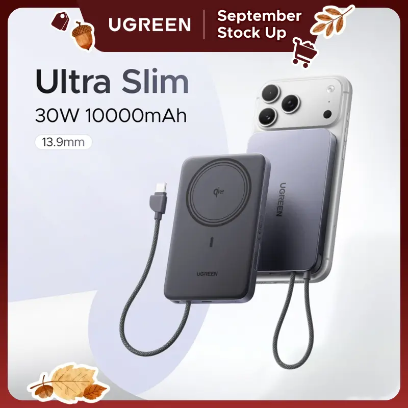 UGREEN Magflow Air Qi2 Magnetic Mobile Power Bank 10000mAh Grey -15W Wireless Charging, 30W Fast Charge Output, Built-in USB-C Cable, MagSafe Fit Ultra Slim External Battery, for iPhone 17/16/15/14 Pro Max, EDC On-the-Road Gear, Portable Charger