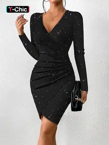 Women's All Over Print Ruched Split Hem Bodycon Dress, Casual V Neck Long Sleeve Short Dress for Party Club Dating Wear, Women's Dress for Spring & Fall, Lady, Womenswear
